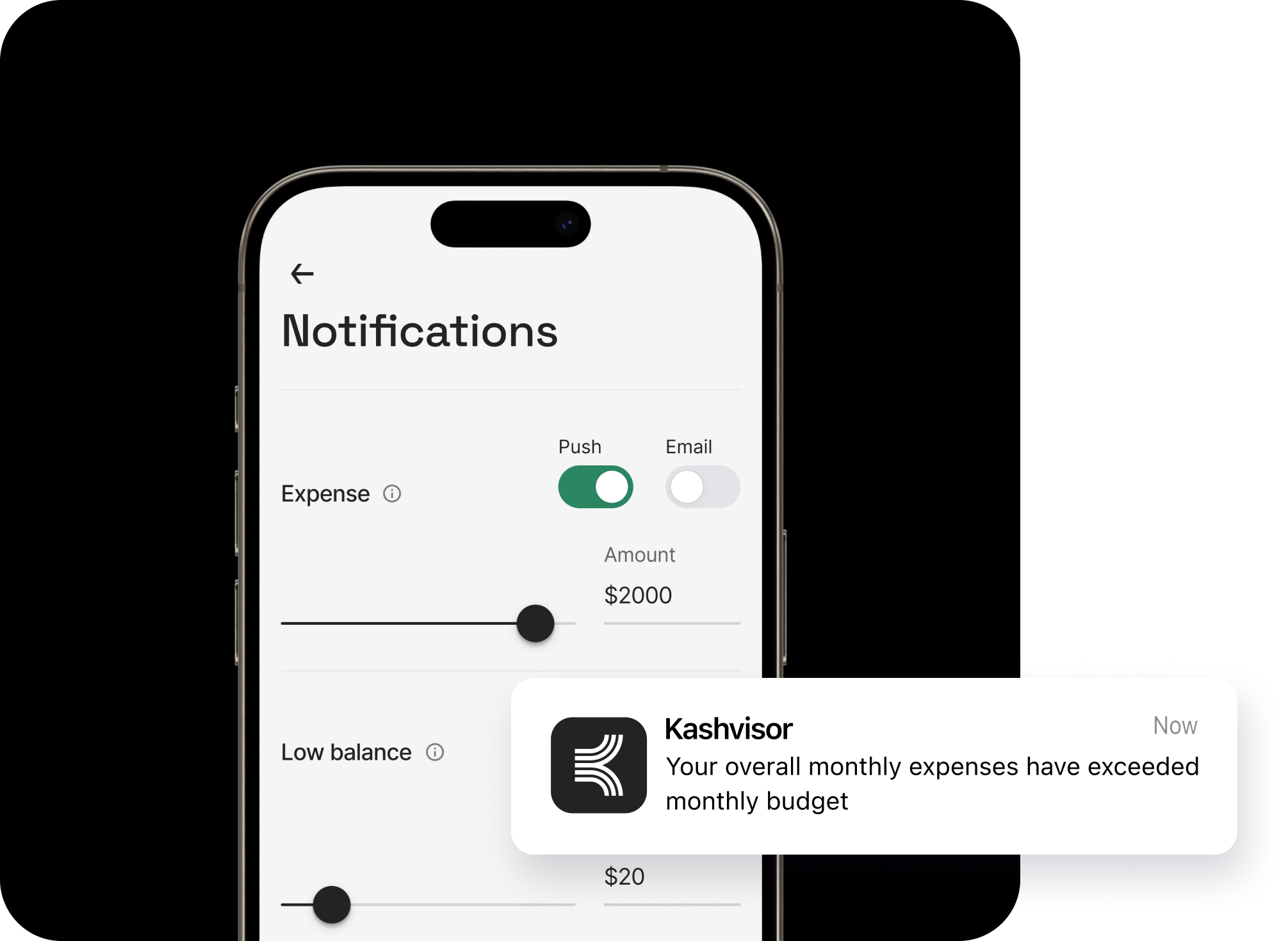 Kashvisor app showing financial notifications and alerts